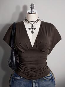 SHEIN ICON 女款大尺碼復古寬鬆性感都市現代簡約休閒優雅V領收腰棕色修身上衣，適合外出派對夏季穿著 - 棕色 - 查看 2