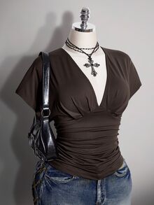 SHEIN ICON 女款大尺碼復古寬鬆性感都市現代簡約休閒優雅V領收腰棕色修身上衣，適合外出派對夏季穿著 - 棕色 - 查看 7