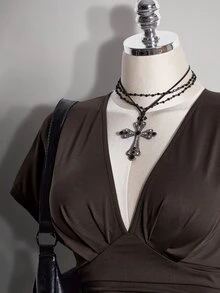 SHEIN ICON 女款大尺碼復古寬鬆性感都市現代簡約休閒優雅V領收腰棕色修身上衣，適合外出派對夏季穿著 - 棕色 - 查看 11