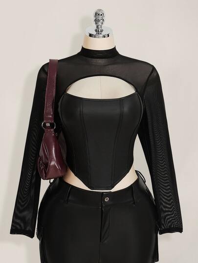 SHEIN ICON Women's Plus Size Autumn/Winter Retro Sexy Casual Fashion Bold Avant-Garde Mesh Patchwork PU Hollow-Out Black Long-Sleeved Fitted T-Shirt Fall