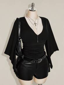 SHEIN ICON Women's Plus Size Retro Country Goth Sexy Y2K Casual Elegant Date Night Clubbing Concert Rave Cocktail Deep V-Neck Ruffled Black T-Shirt Fall - Black - View 8