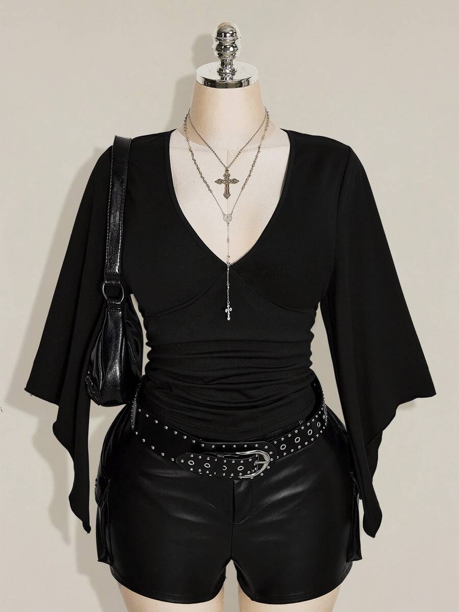 SHEIN ICON Women's Plus Size Retro Country Goth Sexy Y2K Casual Elegant Date Night Clubbing Concert Rave Cocktail Deep V-Neck Ruffled Black T-Shirt Fall - Black - View 1