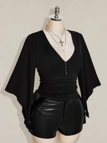 SHEIN ICON Women's Plus Size Retro Country Goth Sexy Y2K Casual Elegant Date Night Clubbing Concert Rave Cocktail Deep V-Neck Ruffled Black T-Shirt Fall - Black - View 4