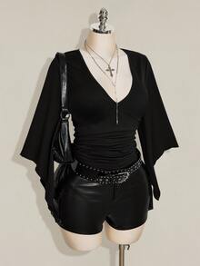 SHEIN ICON Women's Plus Size Retro Country Goth Sexy Y2K Casual Elegant Date Night Clubbing Concert Rave Cocktail Deep V-Neck Ruffled Black T-Shirt Fall - Black - View 7