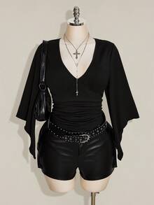 SHEIN ICON Women's Plus Size Retro Country Goth Sexy Y2K Casual Elegant Date Night Clubbing Concert Rave Cocktail Deep V-Neck Ruffled Black T-Shirt Fall - Black - View 10