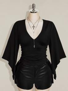 SHEIN ICON Women's Plus Size Retro Country Goth Sexy Y2K Casual Elegant Date Night Clubbing Concert Rave Cocktail Deep V-Neck Ruffled Black T-Shirt Fall - Black - View 3