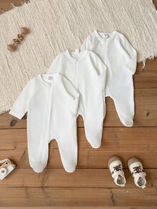 SHEIN 新生兒嬰兒 3 件套連身衣 針織長袖按扣式 親子套裝穿搭 - 白色 - 查看 4