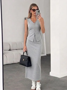Easowa Women's Solid Color V-Neck Top And Skirt Casual Smart Casual Business Casual 2 Pieces Set Office Light Grey - Grey - View 2