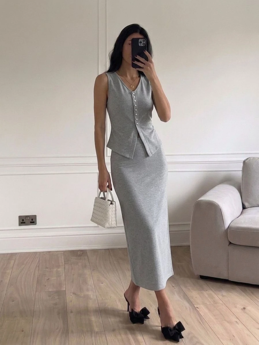 Easowa Women's Solid Color V-Neck Top And Skirt Casual Smart Casual Business Casual 2 Pieces Set Office Light Grey - Grey - View 1