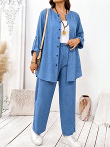 Linhara CURVE Plus Size Women Solid Color Long Sleeve Top And Pants Casual Baggy Traditional Daily Set Autumn Vacation Formal Navy Blue Formal Vacation Fall - Blue - View 4