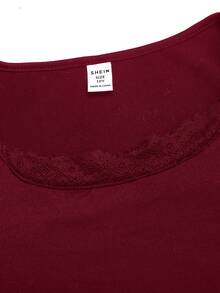 SHEIN Tween Girls Solid Black Lace Crew Neck Long Sleeve Cropped Fitted T-Shirt, Casual Daily Wear - Burgundy - View 5