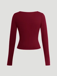 SHEIN Tween Girls Solid Black Lace Crew Neck Long Sleeve Cropped Fitted T-Shirt, Casual Daily Wear - Burgundy - View 3