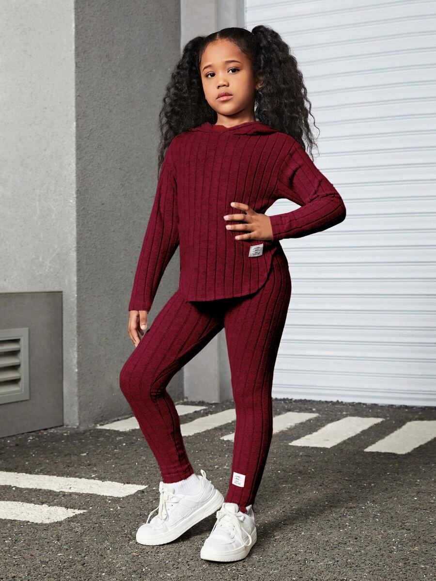 Slogan Patched Drop Shoulder Hooded Tee Burgundy Knit Stretchy Breathable Easy-Care Girls Leggings Fall School Athletic Casual Baggy Off Campus Sport - Burgundy - View 1