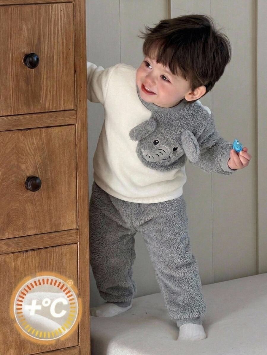 SHEIN Baby Boy Cartoon Bear Graphic Contrast Color Plush Crew Neck Pullover Long Sleeve Sweatshirt, Versatile Casual, Suitable For Autumn/Winter,Christmas - Grey - View 1
