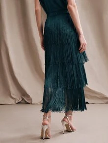 Anewsta 女款優雅層次流蘇裙，修身剪裁，適合派對、辦公室、畢業典禮、婚禮、日常通勤、度假 - 水鴨藍 - 查看 2