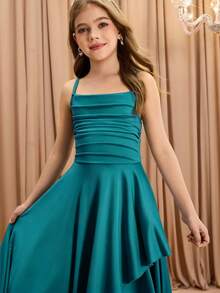 Tween Girls Solid Back To School Color Asymmetrical Hem Spaghetti Strap Dress, Casual Elegant Party Formal Summer Autumn Fall Christmas Teal Green - Blue - View 8