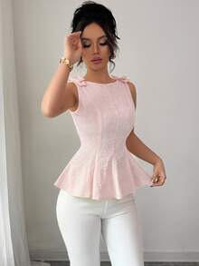 Elenzga New Women Woven Textured Ditsy Floral Fabric Spaghetti Strap Bowknot Shoulder Ruffle Hem Fashionable Versatile Elegant Sophisticated Lady Peplum Top - Pink - View 4