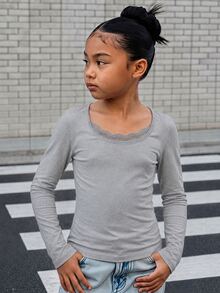 SHEIN Tween女孩純黑色蕾絲圓領長袖修身短版T恤，休閒日常穿著 - 灰色 - 查看 10