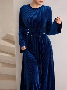Graceveil Women's Autumn/Winter/Spring Round Neck Long Sleeve Belt Pearl Arabic Long Dress Bell Sleeves Suitable For Dating Vacation Party Navy Blue Elegant - Royal Blue - View 4