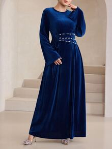 Graceveil Women's Autumn/Winter/Spring Round Neck Long Sleeve Belt Pearl Arabic Long Dress Bell Sleeves Suitable For Dating Vacation Party Navy Blue Elegant - Royal Blue - View 7