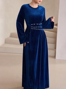 Graceveil Women's Autumn/Winter/Spring Round Neck Long Sleeve Belt Pearl Arabic Long Dress Bell Sleeves Suitable For Dating Vacation Party Navy Blue Elegant - Royal Blue - View 6