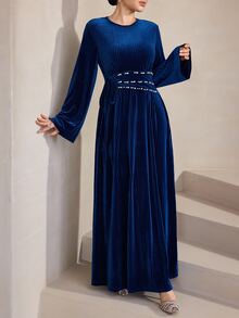 Graceveil Women's Autumn/Winter/Spring Round Neck Long Sleeve Belt Pearl Arabic Long Dress Bell Sleeves Suitable For Dating Vacation Party Navy Blue Elegant - Royal Blue - View 8