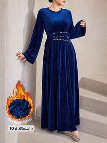Graceveil Women's Autumn/Winter/Spring Round Neck Long Sleeve Belt Pearl Arabic Long Dress Bell Sleeves Suitable For Dating Vacation Party Navy Blue Elegant - Royal Blue - View 3