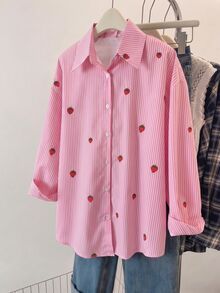 SHEIN Teen Girls Fall Tops Pink Casual Cute Lapel Shirt Y2k Loose Comfortable Soft Button Placket For Autumn Holiday Back-To-School Formal Party Gifts - Pink - View 2