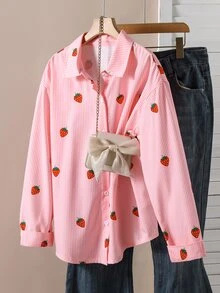 SHEIN Teen Girls Fall Tops Pink Casual Cute Lapel Shirt Y2k Loose Comfortable Soft Button Placket For Autumn Holiday Back-To-School Formal Party Gifts - Pink - View 7