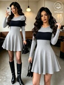 Elenzga 女款灰色與黑色拼接迷你洋裝，簡約對比色休閒修身短洋裝 - 灰色 - 查看 1