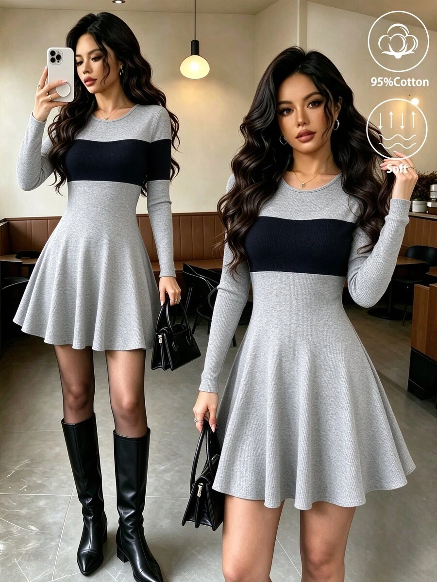 Elenzga 女款灰色與黑色拼接迷你洋裝,簡約對比色休閒修身短洋裝 - 灰色 - 查看 1