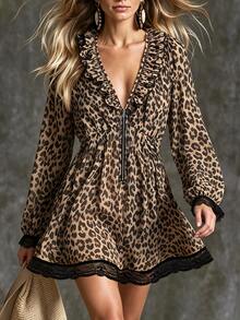 Glimmora Leopard Print Lace Trim Deep V-Neck Cinched Waist Long Sleeve Vacation Dress, Vintage Leopard Print Ruffle Lace Patchwork Cinched Waist Dress - Brown - View 1