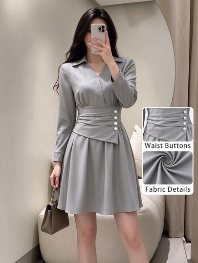 Modelyn Women's Elegant Casual Versatile Light Gray V-Neck Shirt Sleeve Waist Panel Button Design Short Dress For Spring And Autumn, Suitable For Daily Wear And Parties