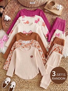 SHEIN Baby Girl Knit Solid Color Floral Round Neck T-Shirt And Long Pants 6pcs -Piece Set,3 Random Sets - Multicolor - View 6