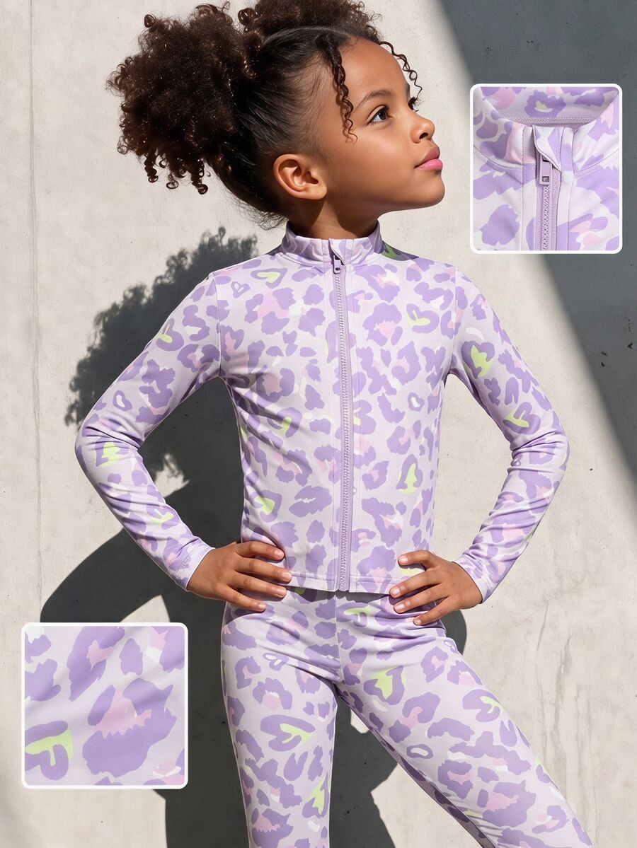 Young Girl Leopard Print Zipper Front Top And Leggings Sportswear - Purple - View 1