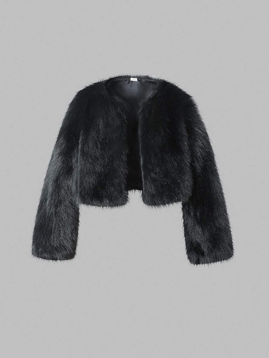SHEIN Tween Girls Fleece Black Long Sleeve Cropped Fluffy Fuzzy Zip Up Coat Elegant Modest Autumn/Winter Solid Back To School Career Day Party Halloween - Black - View 1