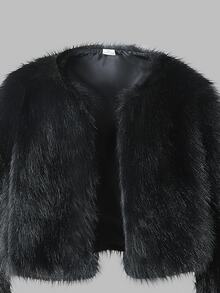 SHEIN Tween Girls Fleece Black Long Sleeve Cropped Fluffy Fuzzy Zip Up Coat Elegant Modest Autumn/Winter Solid Back To School Career Day Party Halloween - Black - View 4