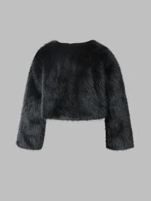 SHEIN Tween Girls Fleece Black Long Sleeve Cropped Fluffy Fuzzy Zip Up Coat Elegant Modest Autumn/Winter Solid Back To School Career Day Party Halloween - Black - View 2