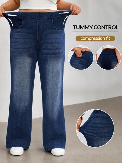 Flexra Summer Casual Stretch Straight Leg Denim Jeans Plus Size Women Elastic Waist Daily Comfort Vacation Brunch Dusty Blue