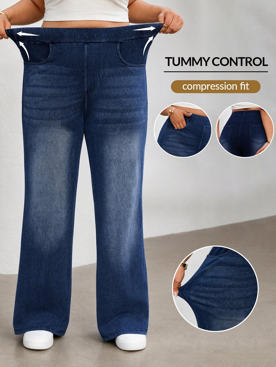 Flexra Summer Casual Stretch Straight Leg Denim Jeans Plus Size Women Elastic Waist Daily Comfort Vacation Brunch Dusty Blue - Dark Wash - View 1