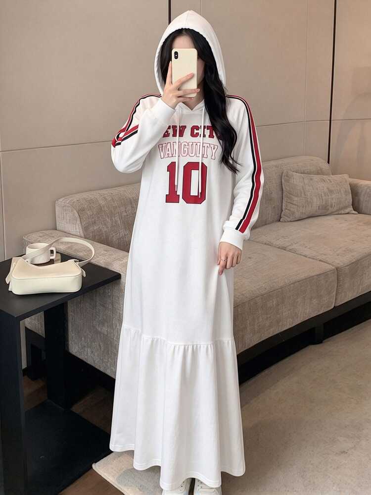 Mulvari Women's Casual Digital 10 Slogan Graphic Print White And Red Long Dress, Fall Fashion Hooded Striped Raglan Long Sleeve Sweatshirt Dress Everyday - Multicolor - View 4
