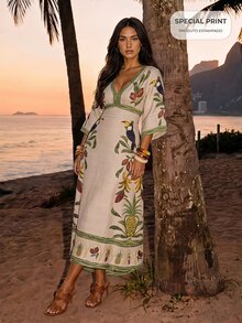 CAJUNI Women's Vacation V-Neck Toucan Print Dress Beachwear - Multicolor - View 5