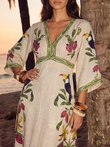 CAJUNI Women's Vacation V-Neck Toucan Print Dress Beachwear - Multicolor - View 4
