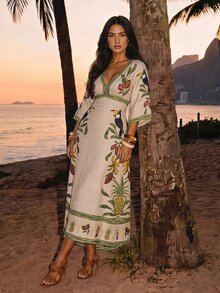 CAJUNI Women's Vacation V-Neck Toucan Print Dress Beachwear - Multicolor - View 8