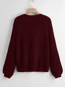 Linhara CURVE Plus Size Women's Solid Color Knit V-Neck Single-Breasted Long Sleeve Regular Fit Casual Baggy Formal Holiday Cardigan Sweater Dark Purple Winter - Burgundy - View 2