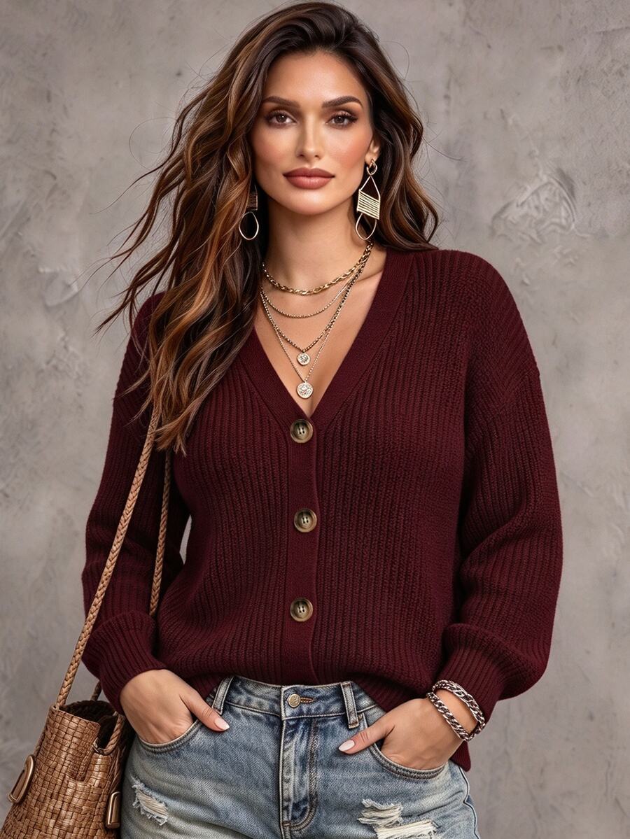 Linhara CURVE Plus Size Women's Solid Color Knit V-Neck Single-Breasted Long Sleeve Regular Fit Casual Baggy Formal Holiday Cardigan Sweater Dark Purple Winter - Burgundy - View 1