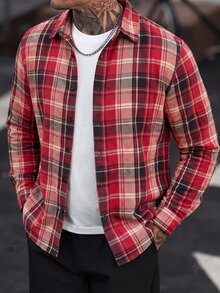 Manfinity Homme 男士休閒寬鬆格紋長袖西式襯衫，街頭風西式襯衫，牛仔 Rodeo 襯衫，秋季聖誕假期度假紅色格紋，正式款 - 彩色 - 查看 1