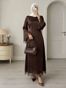 SHEIN Tall Tall-Fit, Modest-Style Brown Satin Dress Featuring Elegant Waist-Cinching Ties And Lace Paneling. - Brown - View 9