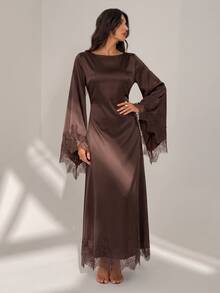 SHEIN Tall Tall-Fit, Modest-Style Brown Satin Dress Featuring Elegant Waist-Cinching Ties And Lace Paneling. - Brown - View 6