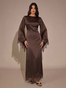 SHEIN Tall Tall-Fit, Modest-Style Brown Satin Dress Featuring Elegant Waist-Cinching Ties And Lace Paneling. - Brown - View 1